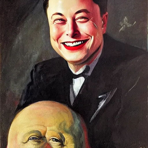 Image similar to “a deliriously happy king elon musk, portrait oil painting by Otto Dix, oil on canvas (1921)”