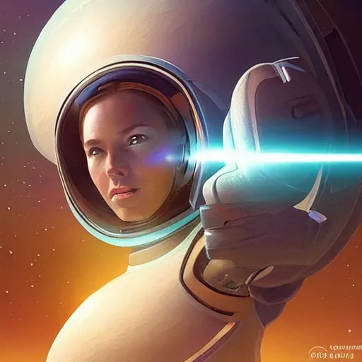 Image similar to Female space warrior in spaceship interior, Earth in the background, blurred, intricate, upper body, concept art, smooth, sharp focus, illustration, dramatic lighting, cinematic, highly detailed, very realistic, Artstation, Cgsociety, digital painting, art by Artgerm and James Gurney