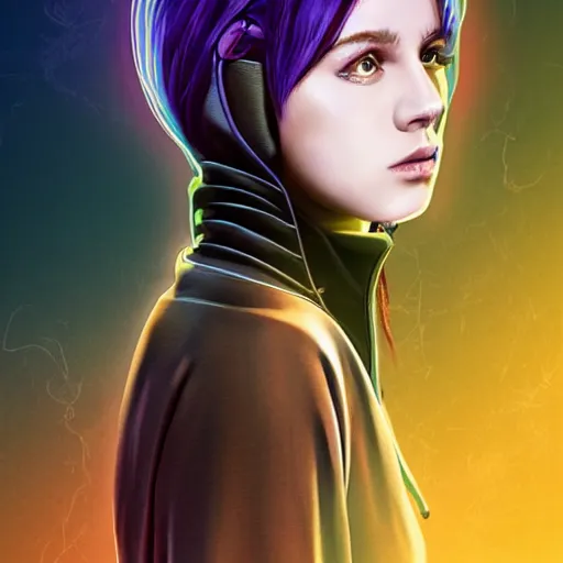 Image similar to poster artwork, sci fi, a female, full body, black hoodie techie, black hair with purple streaks, 8 k