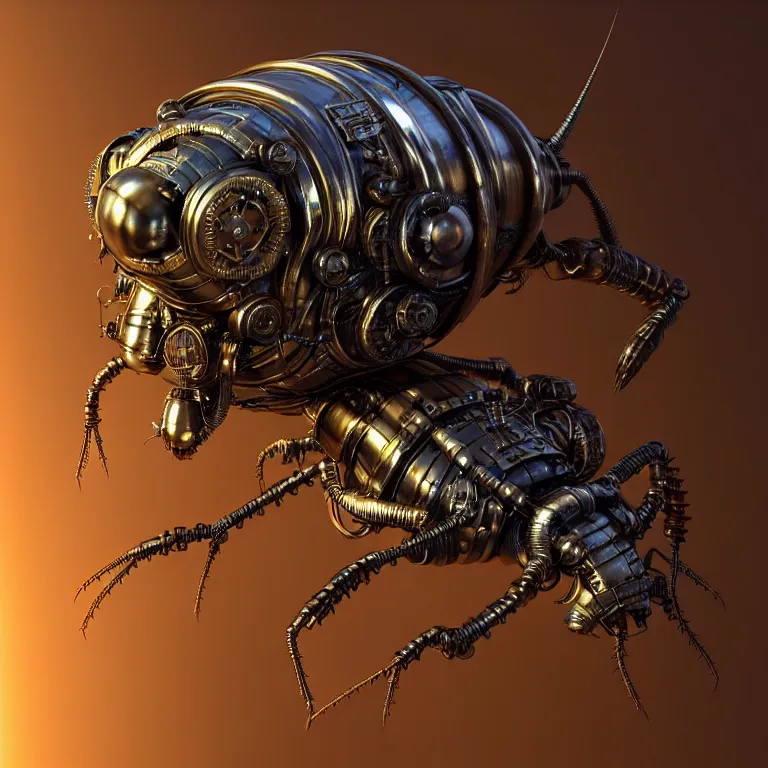 Prompt: steampunk robot cockroach, 3 d model, unreal engine realistic render, 8 k, micro detail, intricate, elegant, highly detailed, centered, digital painting, artstation, smooth, sharp focus, illustration, artgerm, tomasz alen kopera, wlop