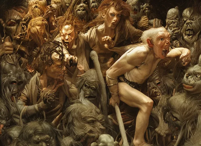 Image similar to goblins from the movie labyrinth by edgar maxence and caravaggio and michael whelan and delacroix style, artistic, intricate painting, cinematic lighting, hyper realistic, extremely detailed, establishing shot, 8 k resolution, dramatic lighting