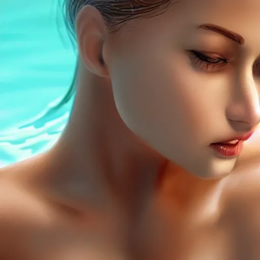 Image similar to beautiful woman getting out of a swimming pool, artstation, highly detailed face, pretty, gorgeous, cute, collarbone, bikini, warm lighting