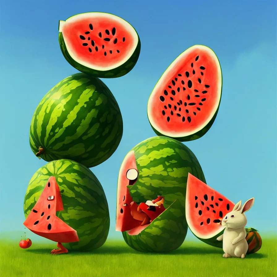 Image similar to Goro Fujita illustrating a rabbit eating a giant watermelon, art by Goro Fujita, sharp focus, highly detailed, ArtStation