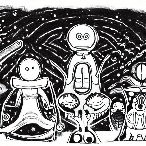 Prompt: five friends sitting and staring up at the alien craftship, mange, studio ghibli style, black and white, detailed