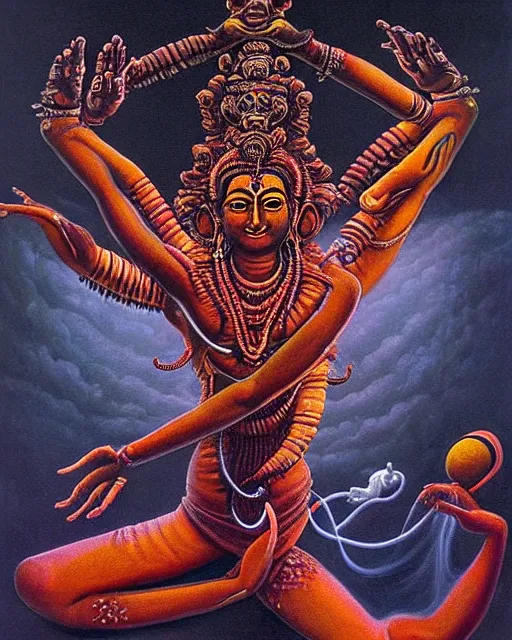 Prompt: One many-armed Shiva in dancing. Nataraja. Tandava. Nuclear explosion on the background. Dark colors, high detail, hyperrealism, horror art, masterpiece, close-up, biopunk, body-horror, ceremonial portrait, solo, rich deep colors, realistic, art by Yoshitaka Amano, Beksinski