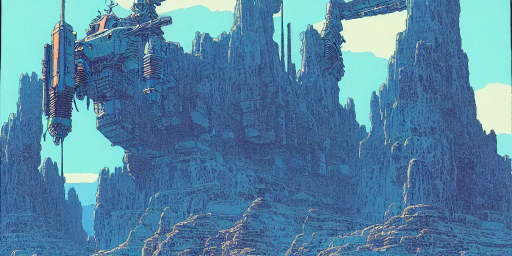 Image similar to grainy risograph matte painting of gigantic huge mech with huge swords, pastel matte colors, staying in the toxic blue canyon, by moebius, hyperrealism, intricate detailed