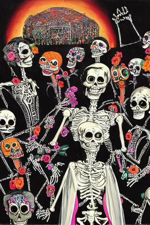 Image similar to scene from wedding, day of the dead, cyber skeletons, queen in black silk in the center, neon painting by otto dix