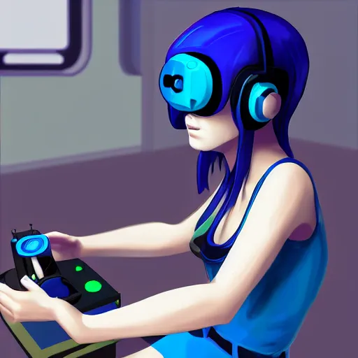 Prompt: depressed blue girl cyborg playing gamecube in a messy dorm, full shot, artstation,