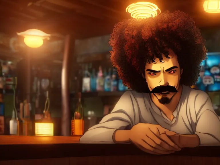 Image similar to close - up anime still of ( ( charming!!!!! latino middle - aged anime protagonist with curly afro and moustache!!! tilting his head charmingly ) late night in an anime bar, cozy lights, detailed orange atmosphere. cinematic rim lighting, global illumination, trending on artstation, hypdertailed, perfect shading, dreamy, masterpiece