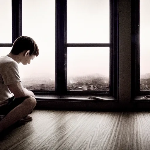 Prompt: a boy, 2 5 years old, numb, hopeless, sitting alone in front of the window, evening time, gloomy, sunset, boy staring at the window, very sad emotion, extremely realistic, 4 k, hd.
