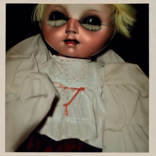 Prompt: creepy doll on bedside, eye, analog photograph, 8 mm, found footage