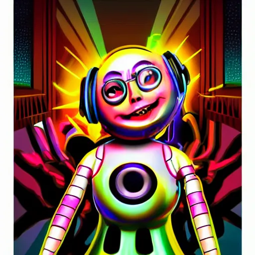 Prompt: artgerm, psychedelic laughing robot chicken by seth green, rocking out, headphones dj rave, digital artwork, r. crumb, svg vector