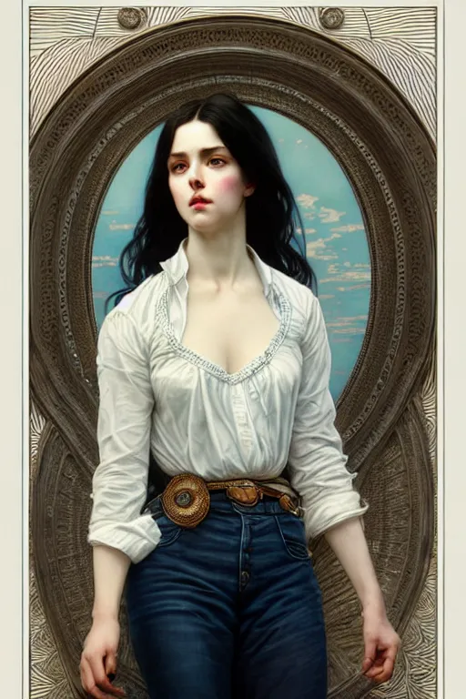 Image similar to ultra realistic, Beautiful black haired woman, Porcelain white complexion, big blue eyes, cute small lips., wearing jeans and white blouse, whip in hand, intricate details, eerie, highly detailed, octane render, 8k, art by artgerm and alphonse mucha and greg rutkowski