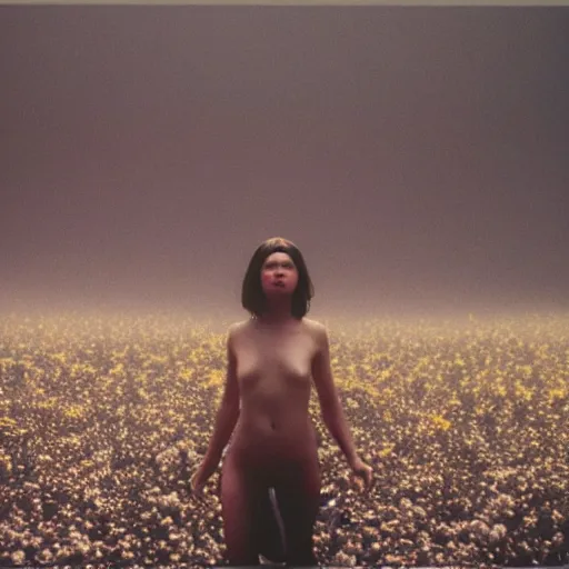 Image similar to The full body shot of beautiful pale woman with white flowers and full-face golden mask inside a thick black smoke in rocky desert landscape, glowing eyes everywhere, burning earth by Gaspar Noe and Christopher Doyle, anamorphic lens, anamorphic lens flares, kodakchrome, cinematic composition, practical effects, award winning photo, 8k