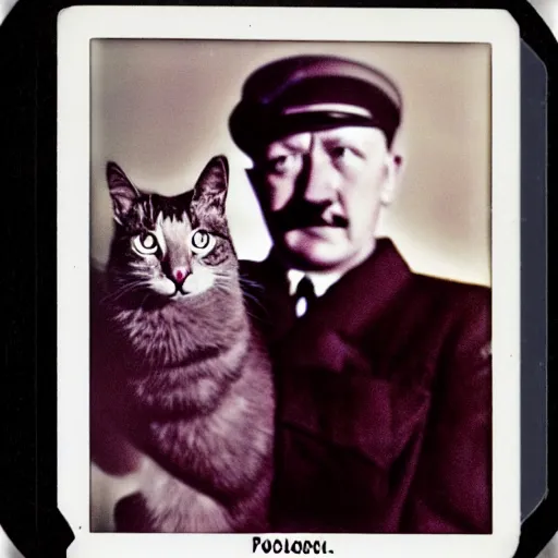 Image similar to polaroid of hitler holding a cat, dramatic backlighting