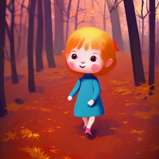 Prompt: samantha mash ilustration a beautiful little girl smiling, walking calmly through an autumn forest, style by goro fujita, character art, sharp focus, highly detailed, artstation