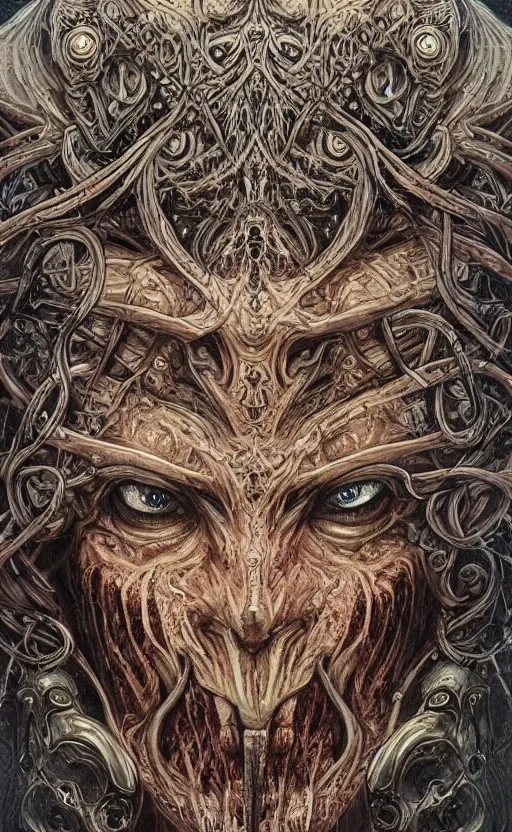 Image similar to Elden Ring themed painting of ancient hybrid majestic aztec shaman fantasy cyber human beautiful symmetrical face angry mask closeup face mask tattoo pattern golden ratio concept, deep forest psytrance Neo-Gothic concept, infinity glyph waves, intricate artwork masterpiece, very coherent artwork, cinematic, full frontal facial features by Artgerm, Takato Yamamoto, Zdizslaw Beksinski, Johnatan Wayshak, Moebius, H.R. Giger, Ayami Kojima, very coherent artwork, trending on cgsociety, ultra high quality model, production quality cinema model, high detail chromatic ink outline, octane render, unreal engine 8k, hyper realism, high detail, octane render, unreal engine, 8k, High contrast