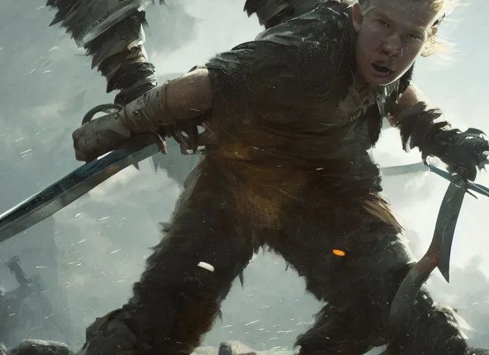 Prompt: dramatic cinematic artwork close up of Kevin De Bruyne as a warrior wielding a sword, fighting in a battle by Greg Rutkowski, 4k, masterpiece, sun rays