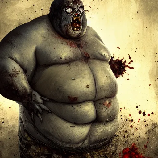 Prompt: angry extremely fat obese giant boated rotting zombie, full body portrait, with clothese, horror core, apocalyptic, feeling of grimdark, sharp focus, fiction, hyper detailed, digital art, trending in artstation, cinematic lighting, studio quality, smooth render, unreal engine 5 rendered, octane rendered, art style and nixeu and wlop and krenz cushart