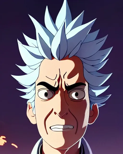 Image similar to rick sanchez, detailed perfect face, exquisite details, fire magic, mid view, design on a white background, by studio muti, greg rutkowski makoto shinkai takashi takeuchi studio ghibli