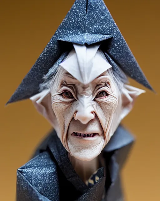 Image similar to an origami wrinkled old witch by akira yoshizawa, realistic, very detailed, complex, intricate, studio lighting, bokeh, sigma 5 0 mm f 1. 4