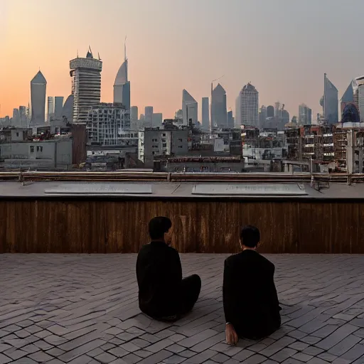 Image similar to a small rooftop with a couple of people sitting and watching the view, wearing black modern clothes, modern shanghai bund is on the background, sunset, by gregory crewdson