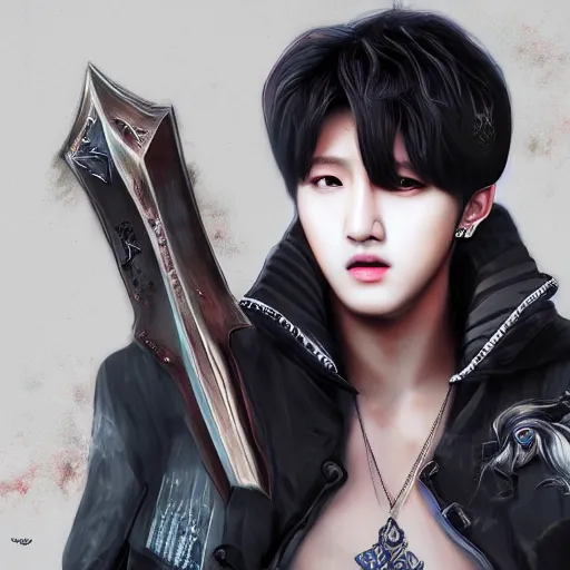 Image similar to Kpop idol Changbin, full body shot, menacing look, fantasy, medieval, vivid colors, elegant, concept art, sharp focus, beautiful face, digital art, Hyper-realistic, 4K, Unreal Engine, Highly Detailed, HD, Dramatic Lighting by Brom, trending on Artstation