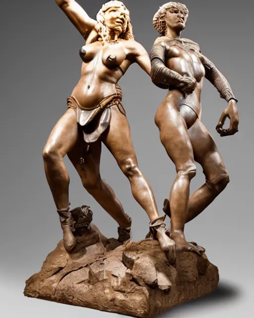 Image similar to a full figure rubber sculpture of a warrior princess and a lion, by Michelangelo, dramatic lighting, wide angle lens