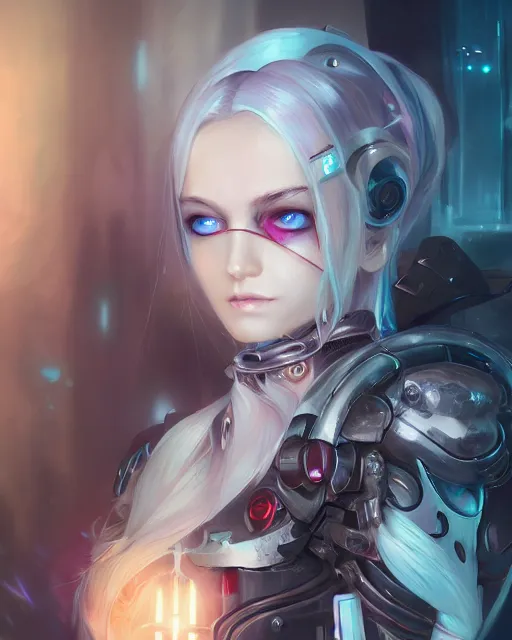 Image similar to holy cyborg necromancer girl, elegant, scifi, futuristic, utopia, garden, illustration, atmosphere, top lighting, blue eyes, white hair, focused, artstation, highly detailed, art by yuhong ding and chengwei pan and serafleur and ina wong