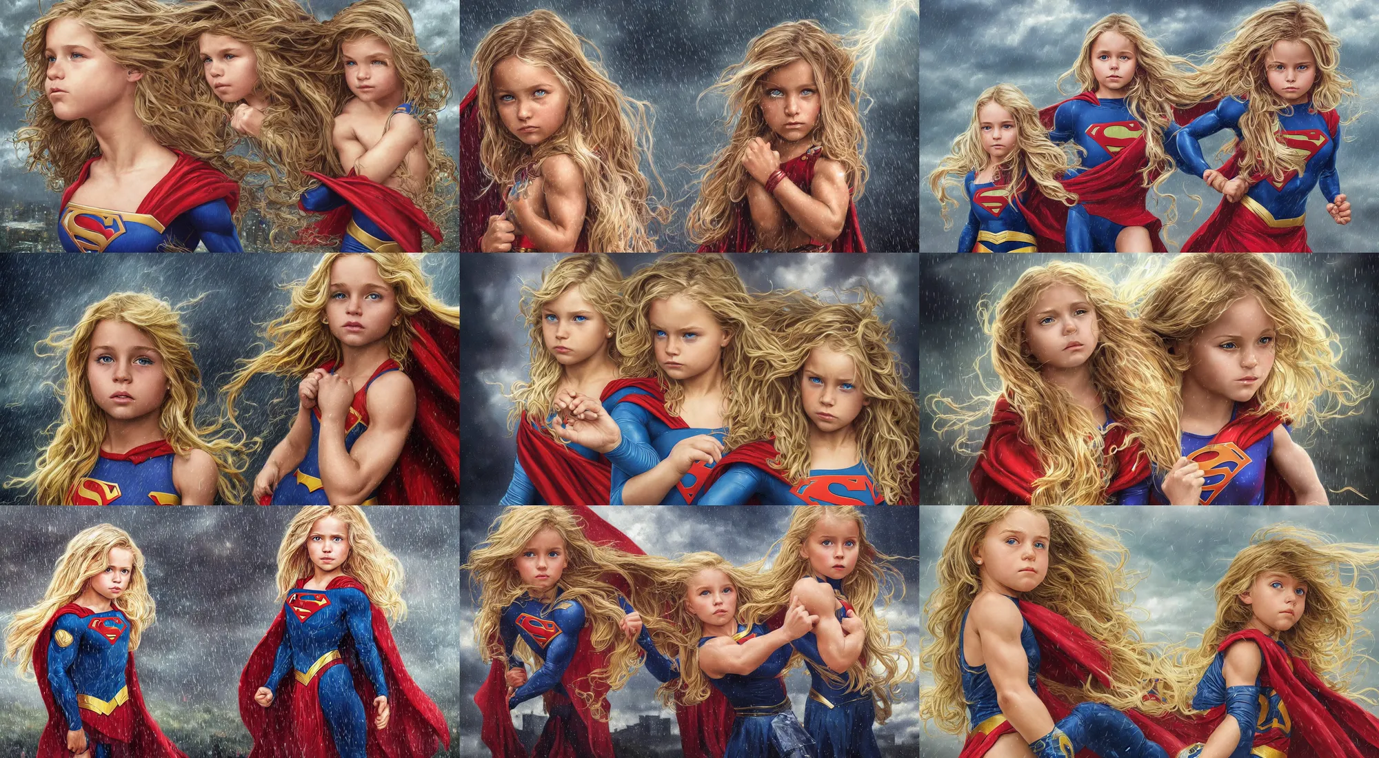 Prompt: epic portrait of a little bodybuilder supergirl with a concentrated face and extremely long blonde wavy hair, light rain, thunder storm background, intricate detailed face, city background, steve argyle, greg rutkowski, alphonse mucha, francine van hove