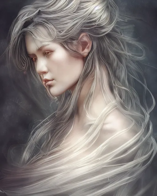 Prompt: side portrait of a beautiful female cleric, ethereal, dreamy, backlit, highly detailed, sad, mystical, intricate, realistic lighting, realistic face, sharp focus, windswept, rule of thirds, symmetrical facial features, by artgerm, wlop, rossdraws, frank frazetta, andrei riabovitchev, trending on artstation, hd, 4 k, fantasy