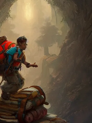 Prompt: a tinker carrying a giant backpack, full of trinkets and stuff heavy backpack. intricate, elegant, highly detailed, digital painting, artstation, concept art, sharp focus, illustration, by justin gerard and artgerm, 8 k