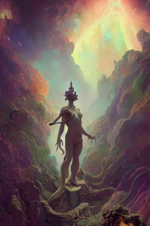 Image similar to god of nebula portals, fantasy drawing, ultra realistic, wide angle, art nouveau, intricate details, rainbowshift, vivid colors, highly detailed by peter mohrbacher, wayne barlowe, maxfield parrish, aaron horkey, gaston bussiere, craig mullins