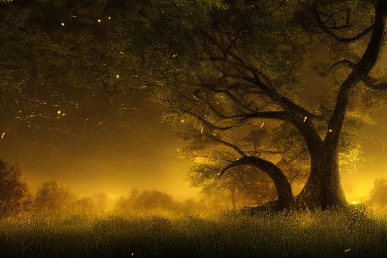 Prompt: masterpiece painting, fireflies cloud illuminating an old antic oak forest at night, spiral movement, peaceful scene, light fog, 8 k octane render, atmospheric effects, by jean hugo, motion blur, artstation, deviantart