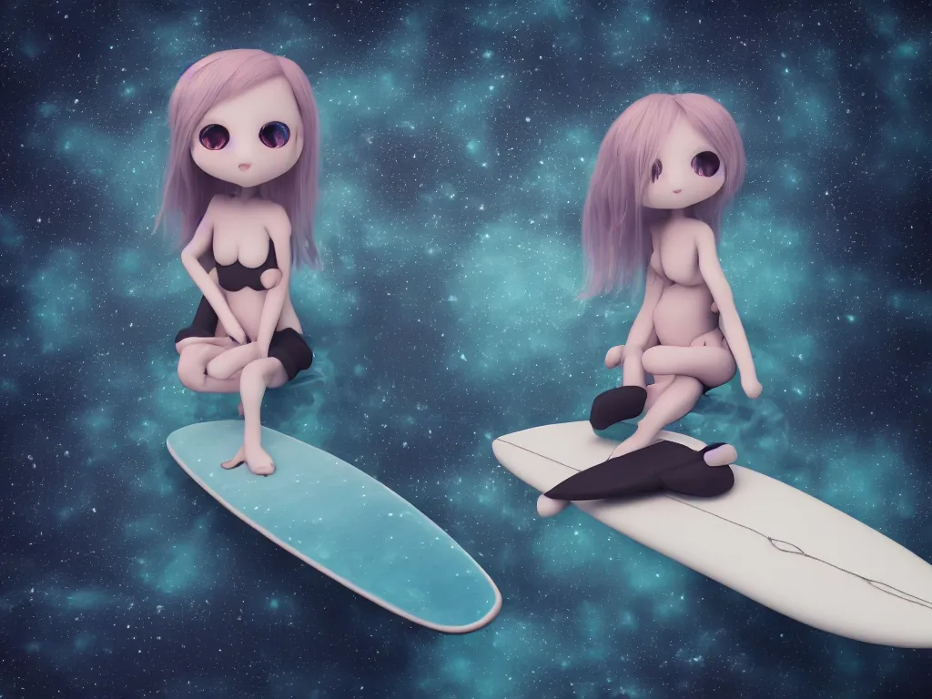 Image similar to cute fumo plush gothic maiden alien girl sitting on a surfboard in the waves of the dark galactic abyss, ocean waves and reflective splashing water, vignette, vray