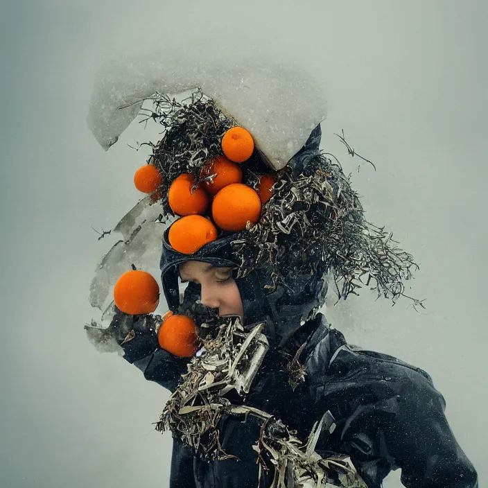 Image similar to a closeup portrait of a woman wearing a ski suit made of clouds and metal scraps, picking oranges from a tree in an orchard, foggy, moody, photograph, by vincent desiderio, canon eos c 3 0 0, ƒ 1. 8, 3 5 mm, 8 k, medium - format print