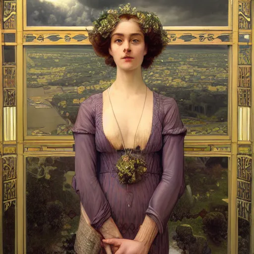 Image similar to a very detailed portrait painting of Vesper Lynd, a very detailed french room, a very detailed dramatic rainy sky, light particles, environment drawn by Donato Giancola and Tom Bagshaw, Edmund Leighton, character design by Alphonse Mucha, 4k, volumetric lighting, french nouveau, komorebi, award winning, octane render, hyperrealistic