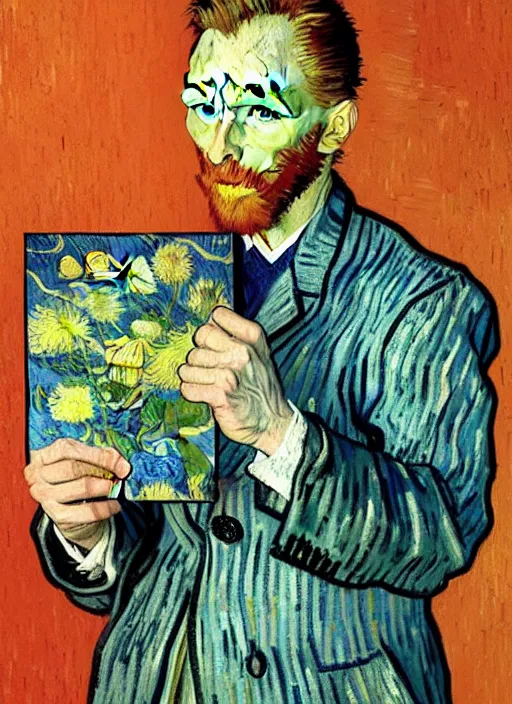 Prompt: hyper realistic vincent van gogh holding a flower drawn by chiara bautista and norman rockwell and greg rutkowski weta studio, and lucasfilm