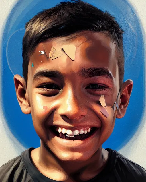 Prompt: painting, of smiling boy, shards of time, face portrait, centered portrait, medium full shot, illustration, highly detailed, simple, no jagged lines, smooth, artstation, artwork by obey, artwork by sandra chevrier