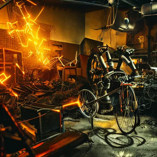 Image similar to bicycle mecha, dark messy smoke - filled cluttered workshop, dark, dramatic lighting, orange tint, sparks, cinematic, highly detailed, sci - fi, futuristic, movie still