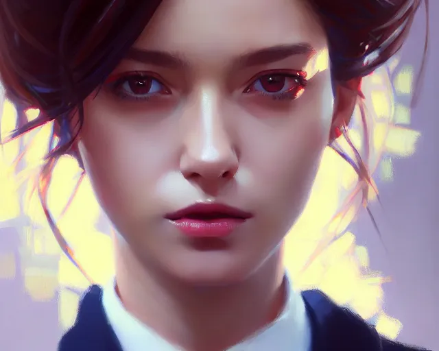 Prompt: a ultradetailed beautiful portrait panting of a stylish woman wearing a shirt with a tie, she has messy hair, oil painting, by ilya kuvshinov, greg rutkowski and makoto shinkai, trending on artstation