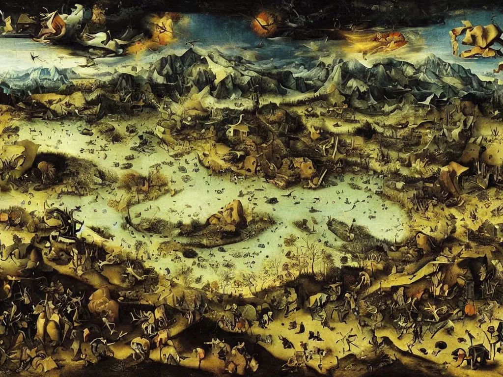Image similar to Apocalypse by fractals in the shadowy land. Painting by Bruegel