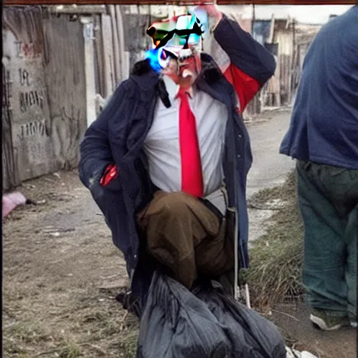 Image similar to donald trump dressed as a homeless man living in the slums