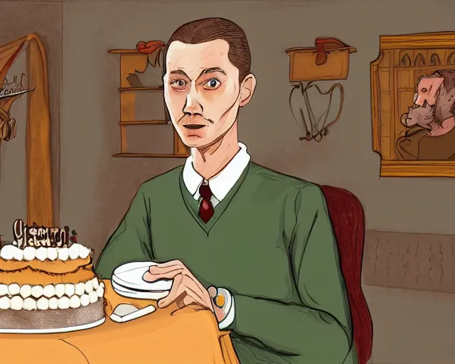 Prompt: Forrest gump eating a cake in hogwarts, digital art, highly detailed, in the style of Heraldo Ortega