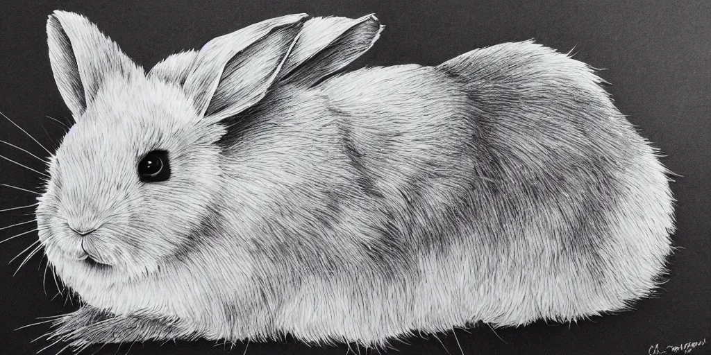 Prompt: a cute fluffy rabbit cutting through water with a flint knife in a lowbrow, pop surrealism art style, photorealism, intricate, line-drawing, black ink on white paper