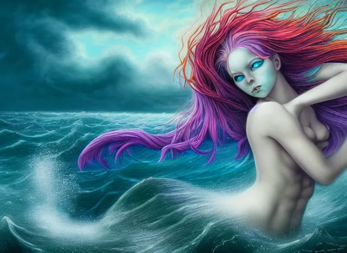 Image similar to realistic detailed image of a mermaid with rainbow hair swimming in an angry, stormy sea, anime art, anime, inspired by Mark Ryden and Zdzislaw Beksinski and Zdzislaw Beksinski, gothic, rich deep colors. A masterpiece.