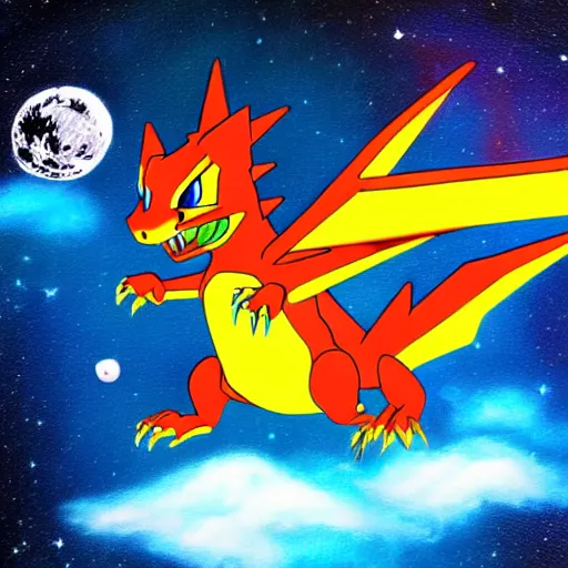 Image similar to ultra realistic charizard from real life flying into space and time above the clouds, the stars and galaxies are shining bright, ue 5, award winning, sharp focus, illustration