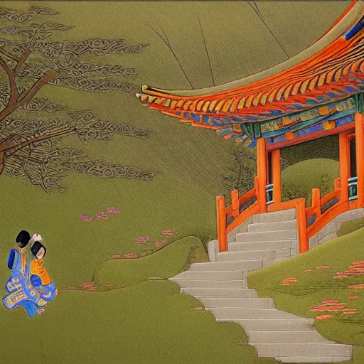 Image similar to stairs in Style of korean traditional folktale painting by Shin Yun-bok; Sin Yun-bok ; 8k resolution