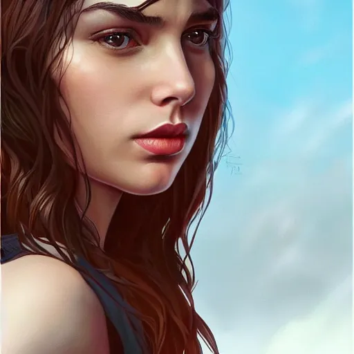 Image similar to a beautiful scenic painting of a beautiful young woman that looks like gal gadot by artgerm and wlop and wes anderson and spike jonze