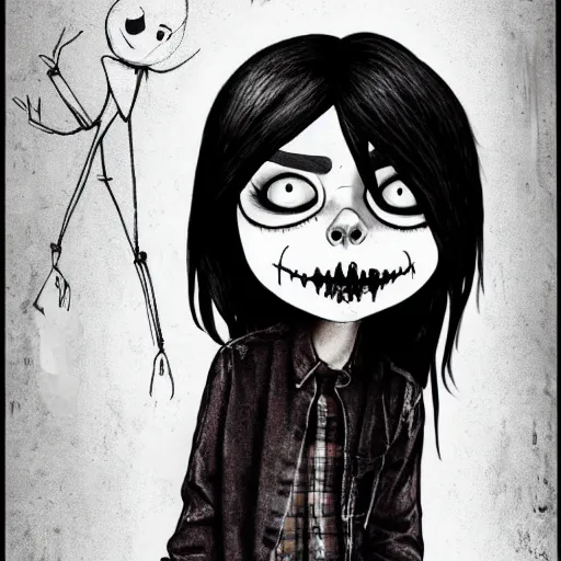 Image similar to grunge drawing of billie eilish in the style of jack skellington